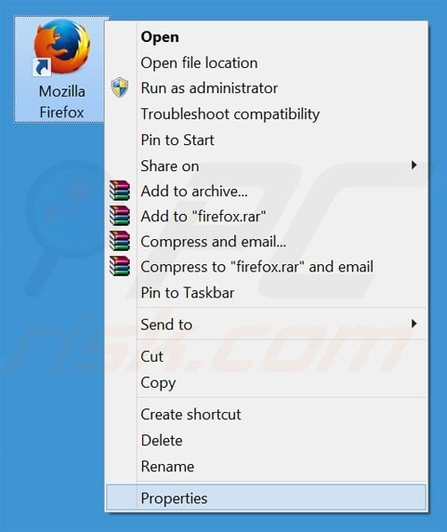Removing searches.safehomepage.com from Mozilla Firefox shortcut target step 1