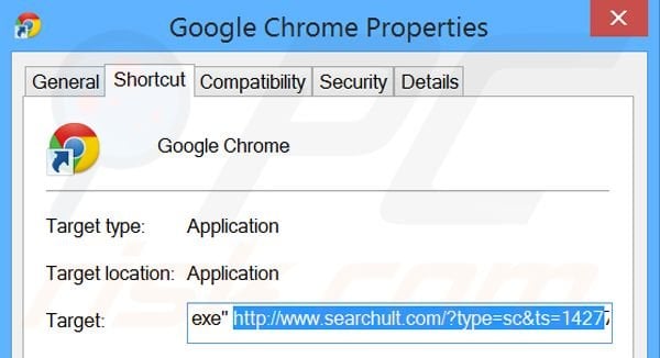 Removing searchult.com from Google Chrome shortcut target step 2