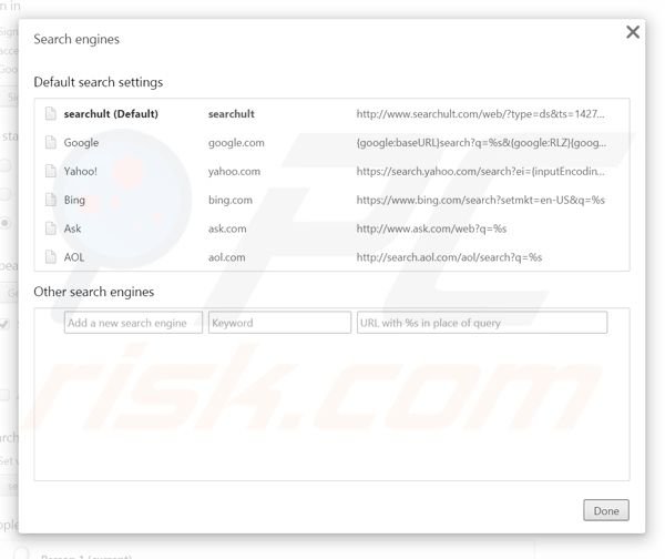 Removing searchult.com from Google Chrome default search engine