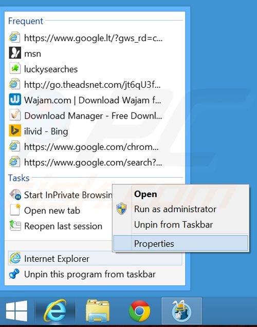 Removing searchult.com from Internet Explorer shortcut target step 1