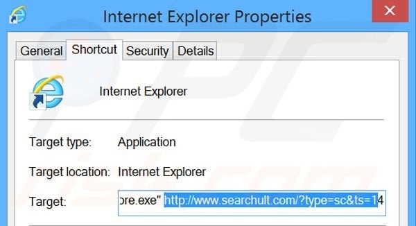 Removing searchult.com from Internet Explorer shortcut target step 2