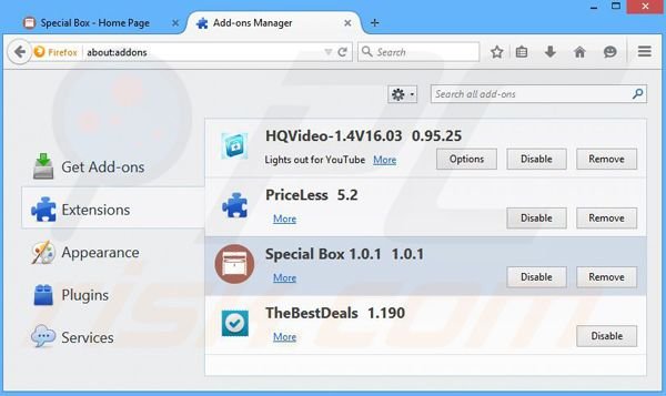 Removing Special Box ads from Mozilla Firefox step 2