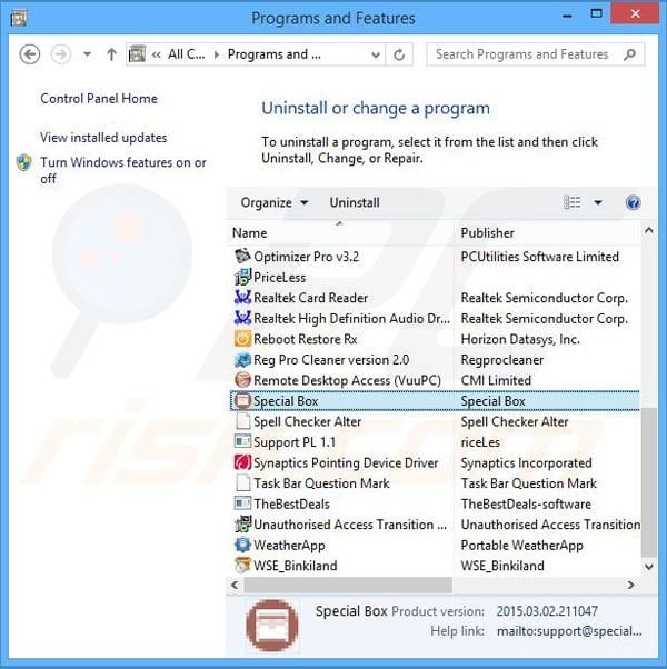 Special Box adware uninstall via Control Panel