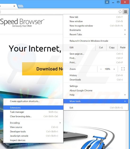 Removing Speed Browser  ads from Google Chrome step 1