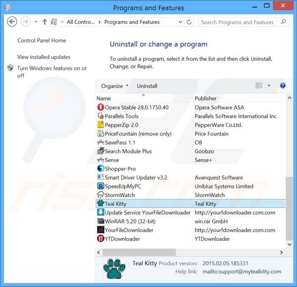 Teal Kitty adware uninstall via Control Panel