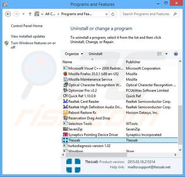 ttessab adware uninstall via Control Panel