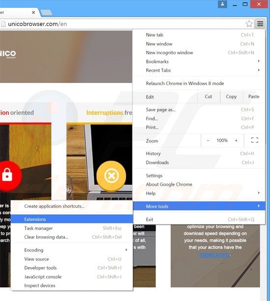 Removing unico browser adware from Google Chrome step 1