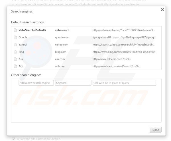 Removing vebasearch.com from Google Chrome default search engine