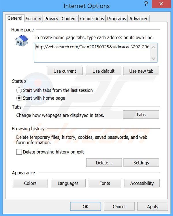 Removing vebasearch.com from Internet Explorer homepage