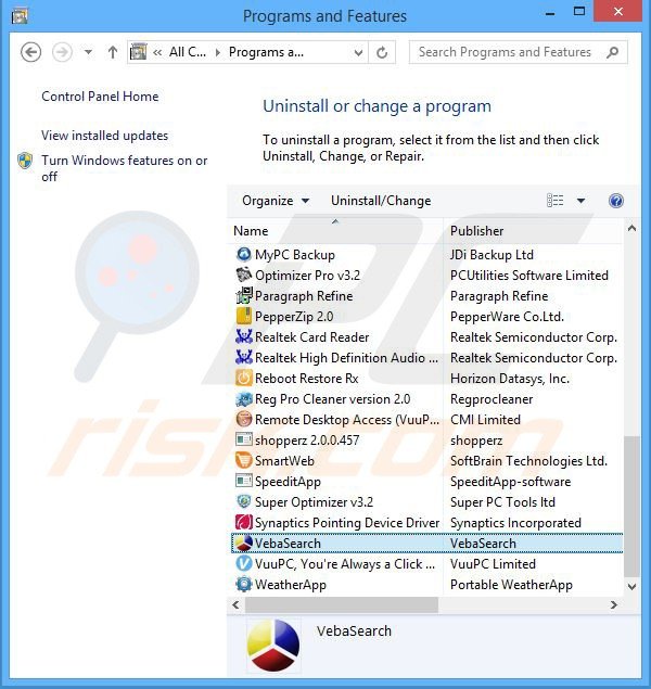 vebasearch.com browser hijacker uninstall via Control Panel