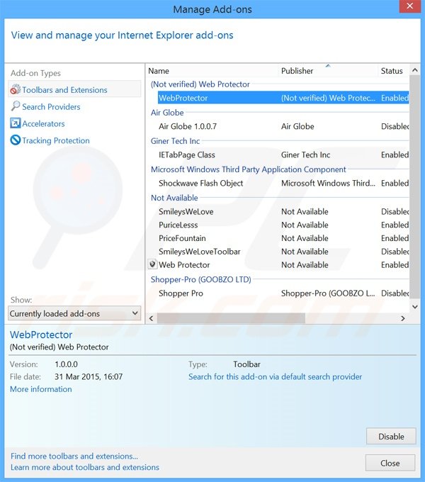Removing Web Protector ads from Internet Explorer step 2