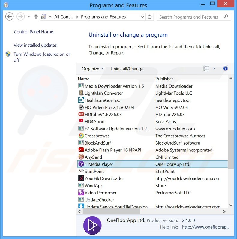 1Player adware uninstall via Control Panel