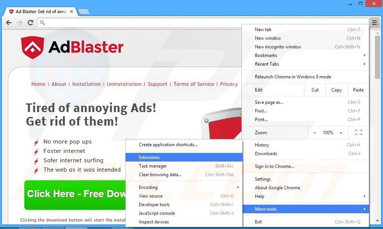 Removing Ad Blaster ads from Google Chrome step 1