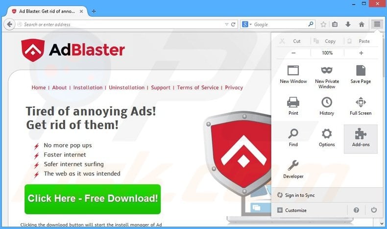 Removing Ad Blaster ads from Mozilla Firefox step 1