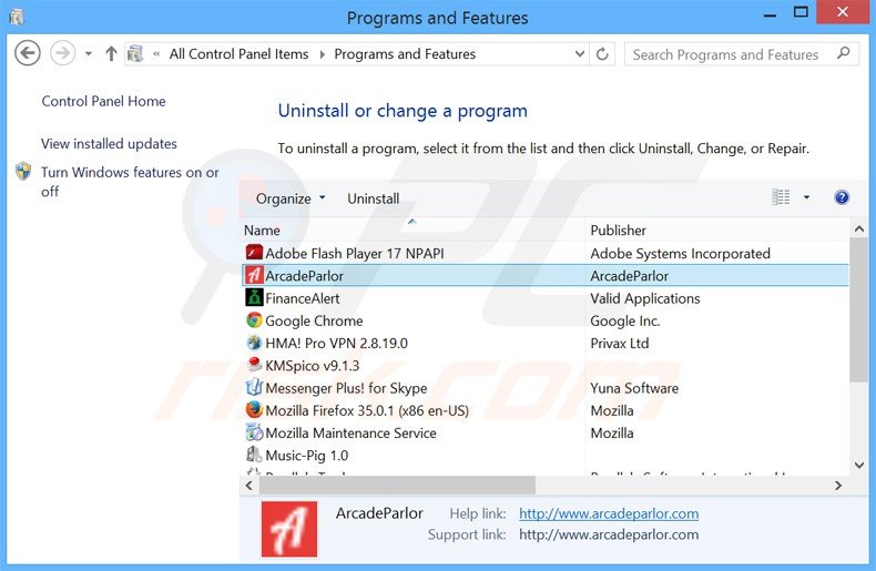 arcade parlor adware uninstall via Control Panel