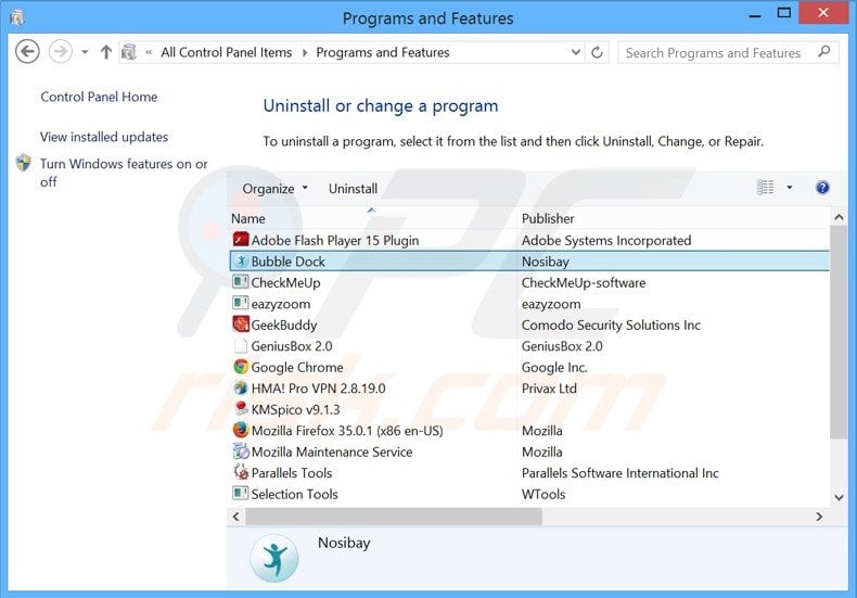 bubble dock adware uninstall via Control Panel