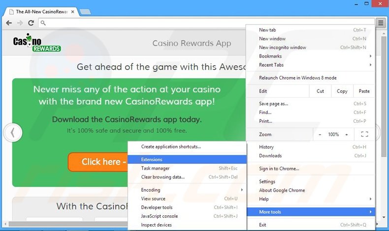 Removing CasinoRewards ads from Google Chrome step 1