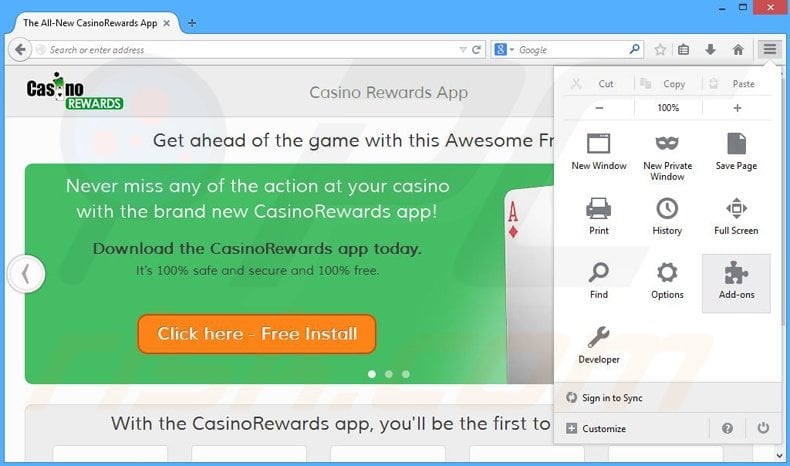 Removing CasinoRewards ads from Mozilla Firefox step 1