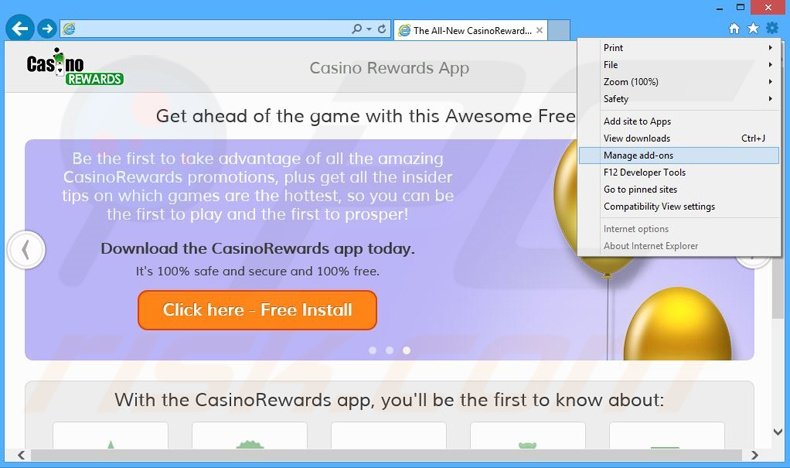 Removing CasinoRewards ads from Internet Explorer step 1