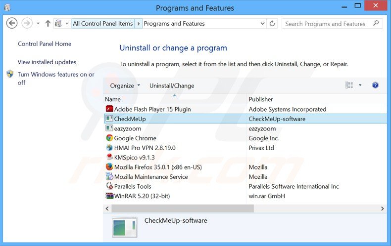 checkmeup adware uninstall via Control Panel