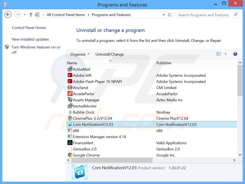 com notification adware uninstall via Control Panel