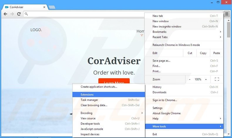 Removing CorAdviser ads from Google Chrome step 1