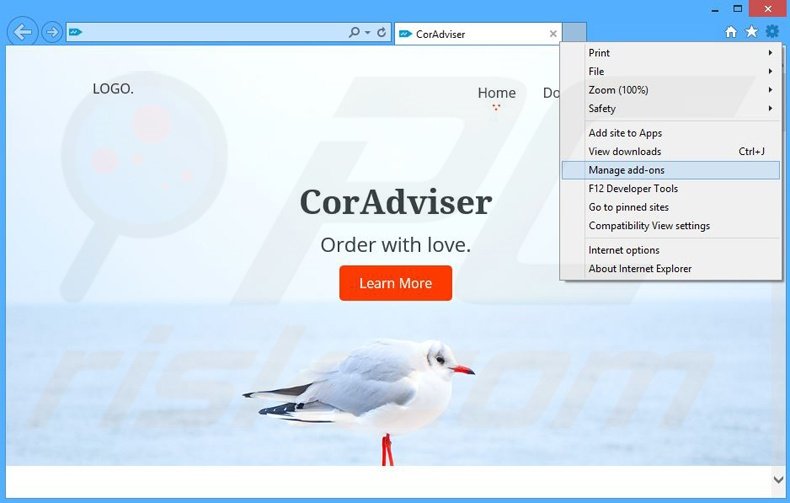 Removing CorAdviser ads from Internet Explorer step 1