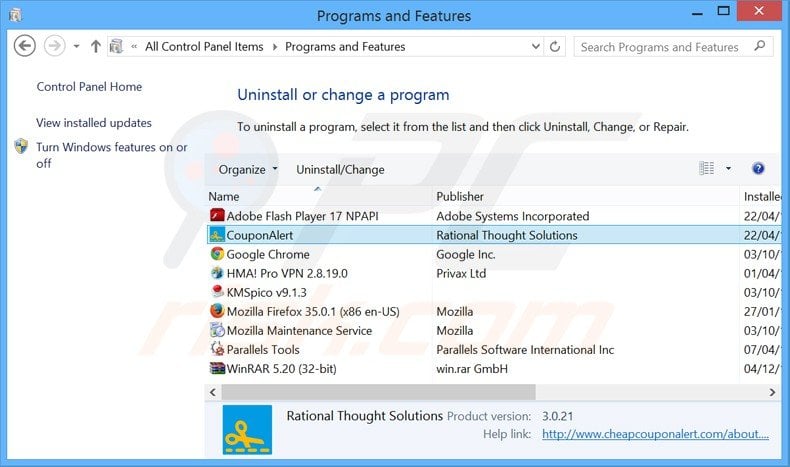 coupon alert adware uninstall via Control Panel