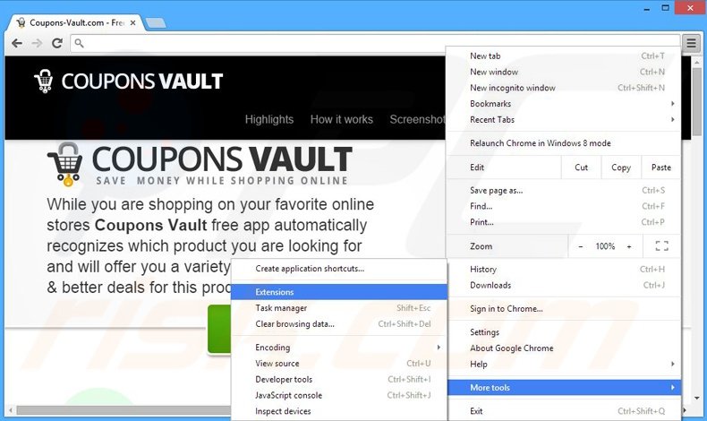 Removing Coupons Vault ads from Google Chrome step 1