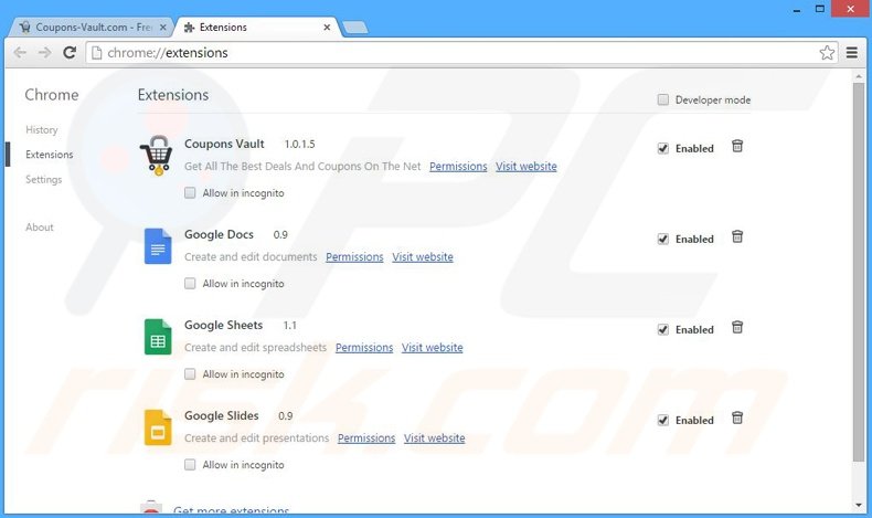 Removing Coupons Vault ads from Google Chrome step 2