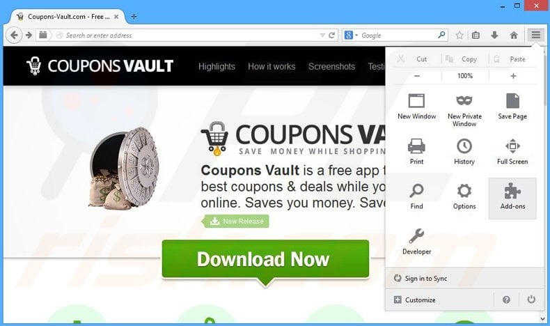 Removing Coupons Vault ads from Mozilla Firefox step 1