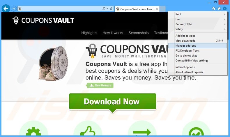 Removing Coupons Vault ads from Internet Explorer step 1