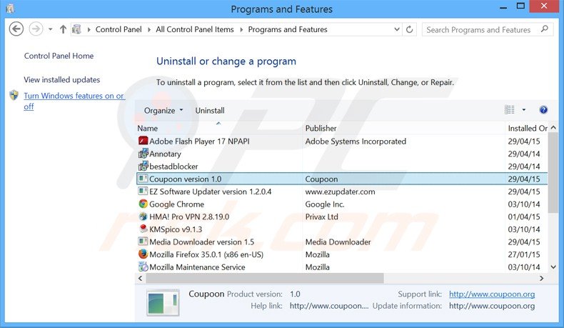 coupoon adware uninstall via Control Panel