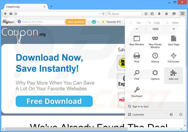 Removing Coupoon ads from Mozilla Firefox step 1