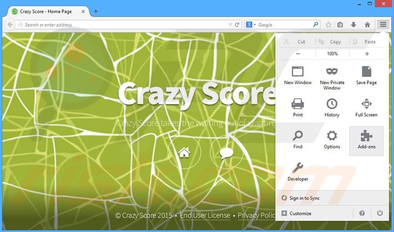 Removing Crazy Score ads from Mozilla Firefox step 1