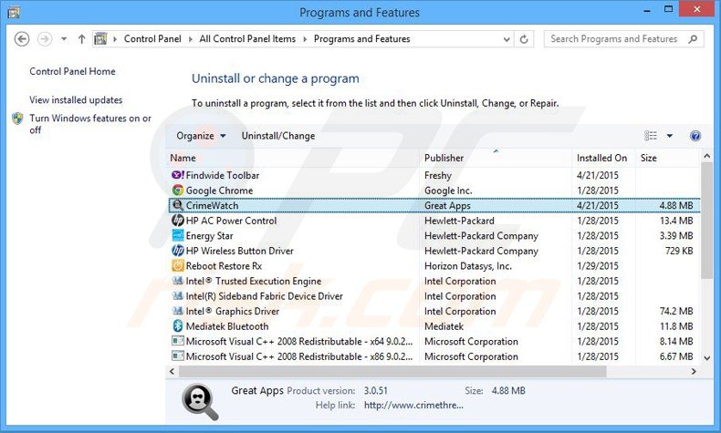 crime watch adware uninstall via Control Panel