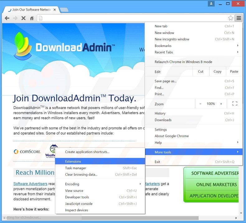 Removing DownloadAdmin  ads from Google Chrome step 1