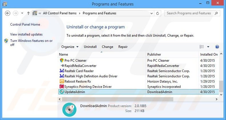DownloadAdmin adware uninstall via Control Panel