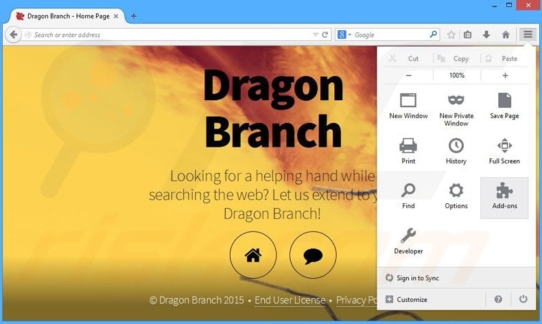 Removing Dragon Branch ads from Mozilla Firefox step 1