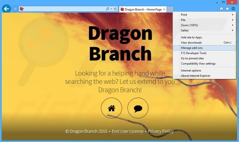 Removing Dragon Branch ads from Internet Explorer step 1