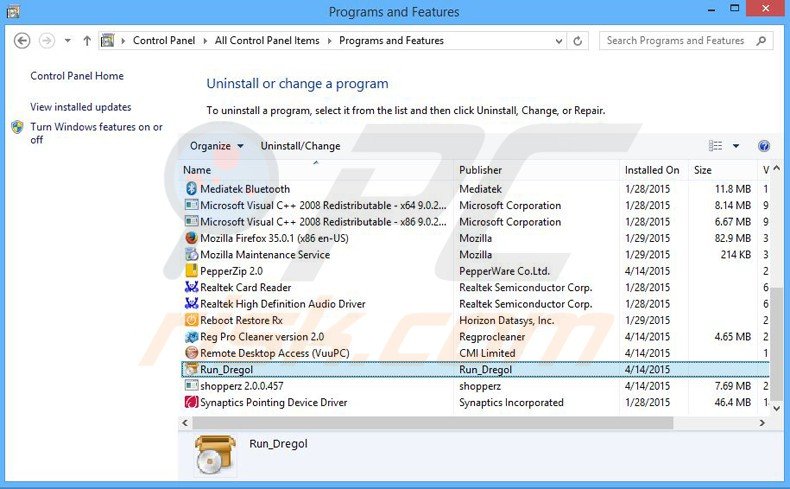 dregol.com browser hijacker uninstall via Control Panel