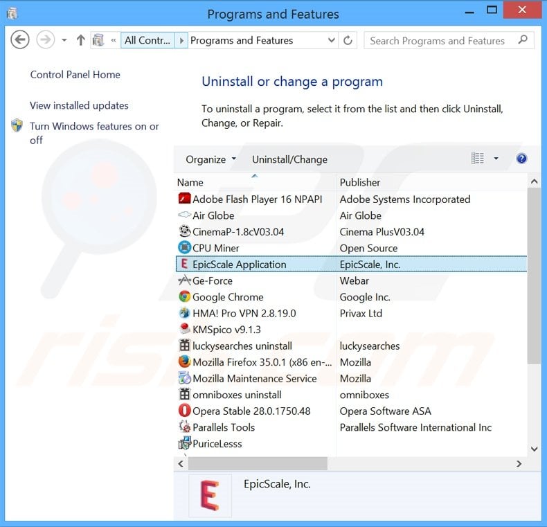 EpicScale adware uninstall via Control Panel