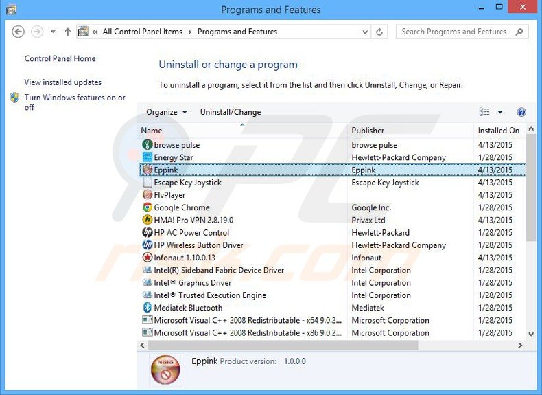 eppink adware uninstall via Control Panel