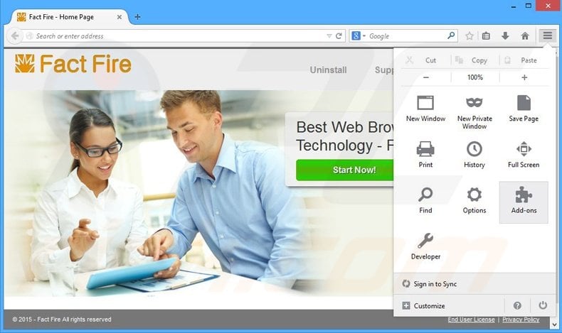 Removing Fact Fire ads from Mozilla Firefox step 1