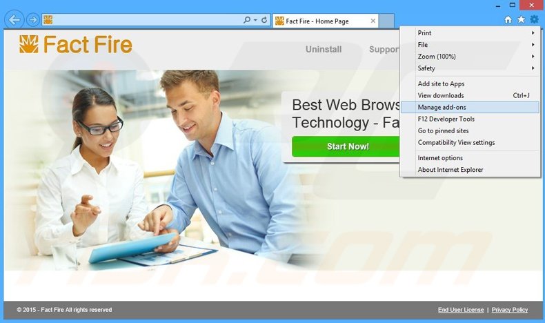Removing Fact Fire ads from Internet Explorer step 1
