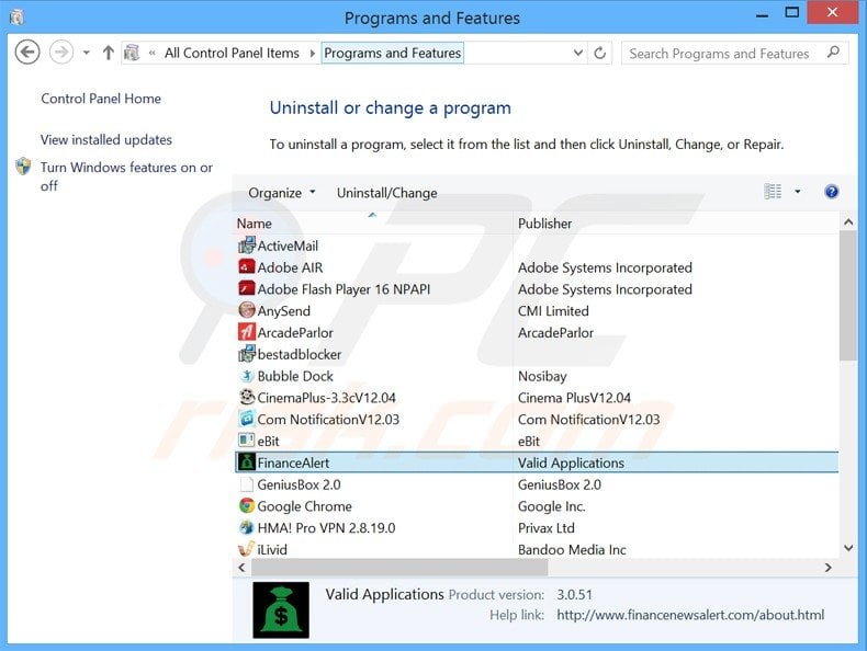 finance alert adware uninstall via Control Panel