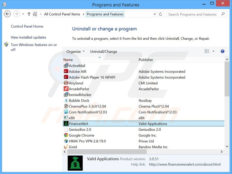 finance alert adware uninstall via Control Panel