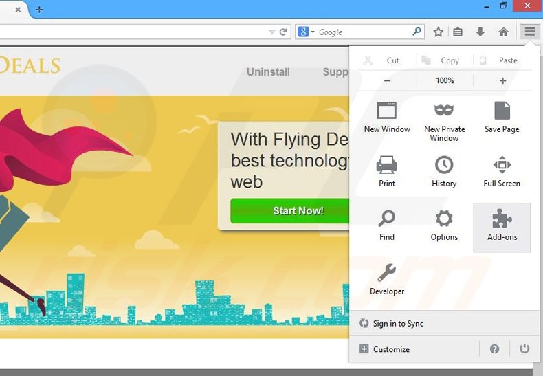 Removing Flying Deals ads from Mozilla Firefox step 1