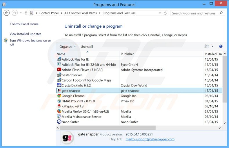 gate snapper adware uninstall via Control Panel