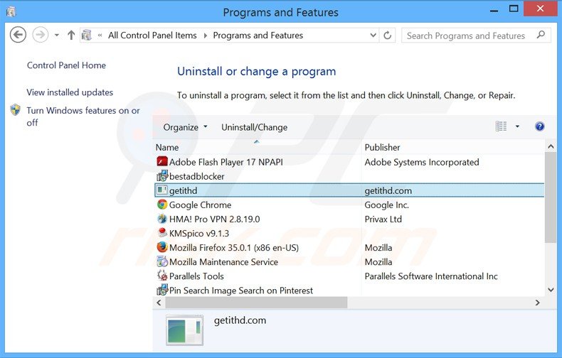 getithd adware uninstall via Control Panel